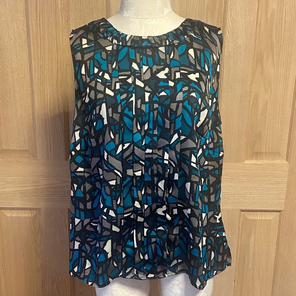 Kasper Blue and Black Geometric Blouse
